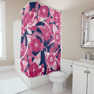 Artsy Modern Fuschia Navy Acrylic Floral Leaves Shower Curtain