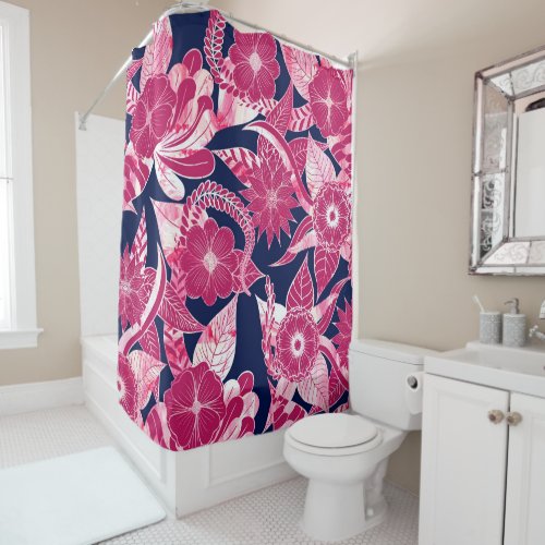 Artsy Modern Fuschia Navy Acrylic Floral Leaves Shower Curtain