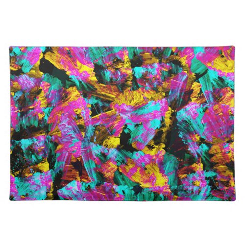 Artsy Modern Neon Colors Black Abstract Paint Art Cloth Placemat