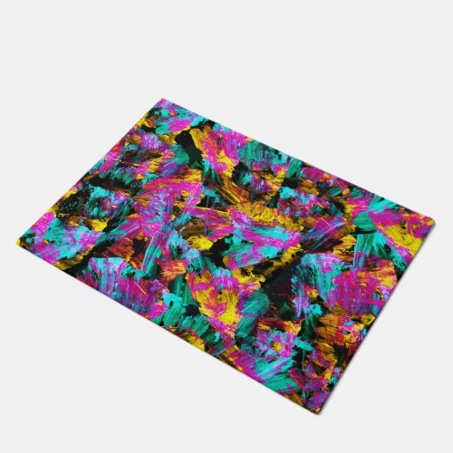 Artsy Modern Neon Colors Black Abstract Paint Art Doormat