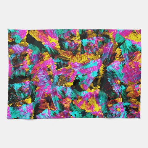 Artsy Modern Neon Colors Black Abstract Paint Art Kitchen Towel