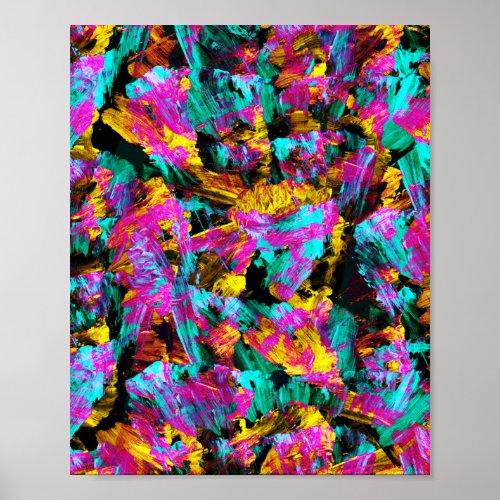 Artsy Modern Neon Colors Black Abstract Paint Art Poster