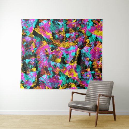 Artsy Modern Neon Colors Black Abstract Paint Art Tapestry