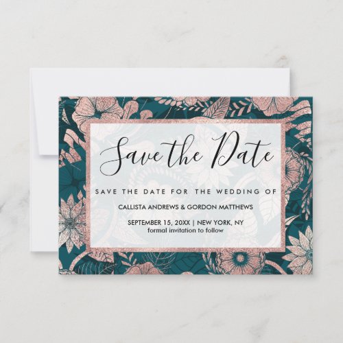Artsy Modern Rose Gold Emerald Green Flowers Save The Date
