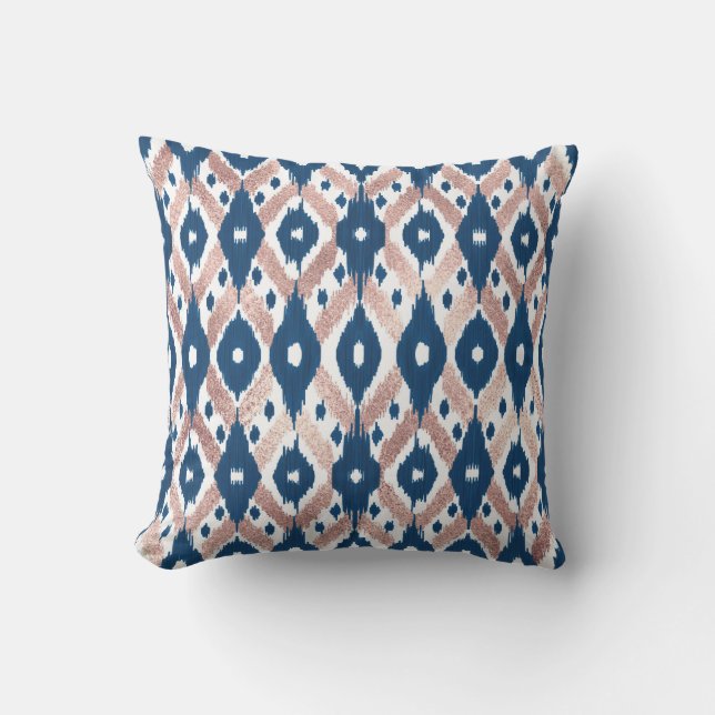 Artsy Modern Rose Gold Navy Blue Ikat Geo Outdoor Pillow (Front)