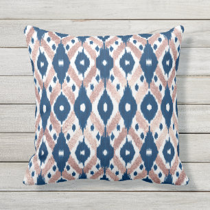 Artsy Modern Rose Gold Navy Blue Ikat Geo Outdoor Pillow