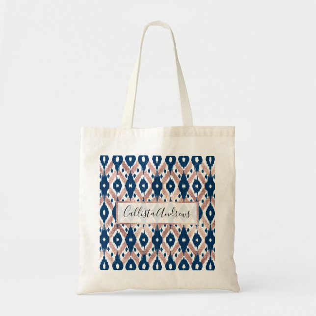 Artsy Modern Rose Gold Navy Blue Ikat Geo Tote Bag (Front)