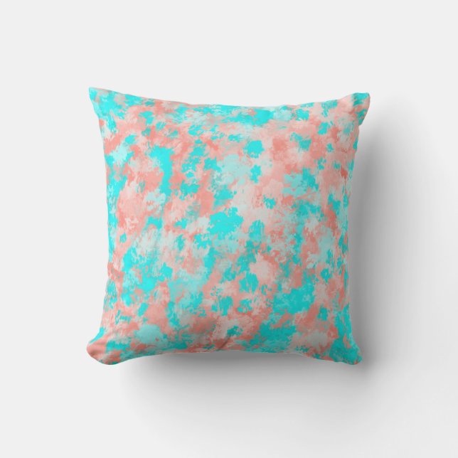 Artsy Modern Summer Coral Orange Aqua Abstract Outdoor Pillow (Front)