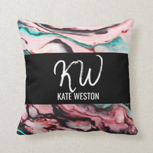 Artsy Modern Teal Pink Black Marble Paint Monogram Throw Pillow