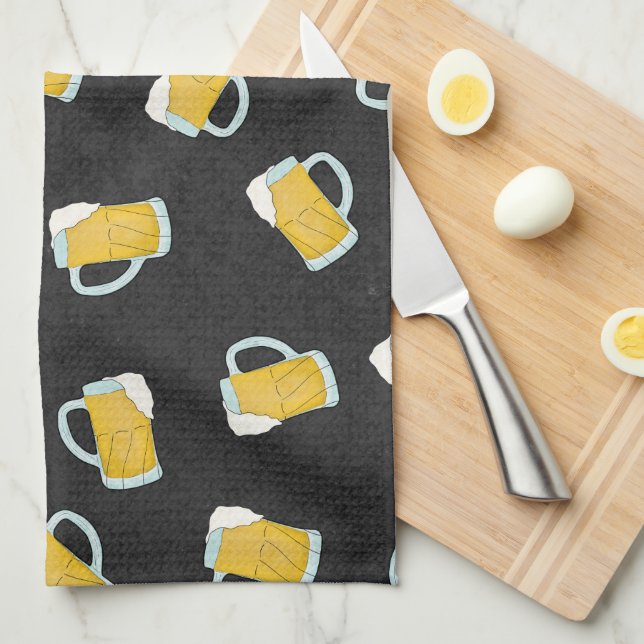 Artsy Modern Yellow Black Watercolor Beer Steins Kitchen Towel (Quarter Fold)