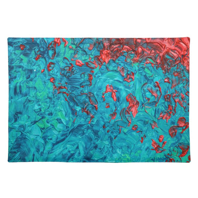 Artsy Neon Orange Teal Green Acrylic Painting Cloth Placemat (Front)