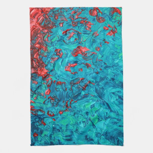 Artsy Neon Orange Teal Green Acrylic Painting Kitchen Towel