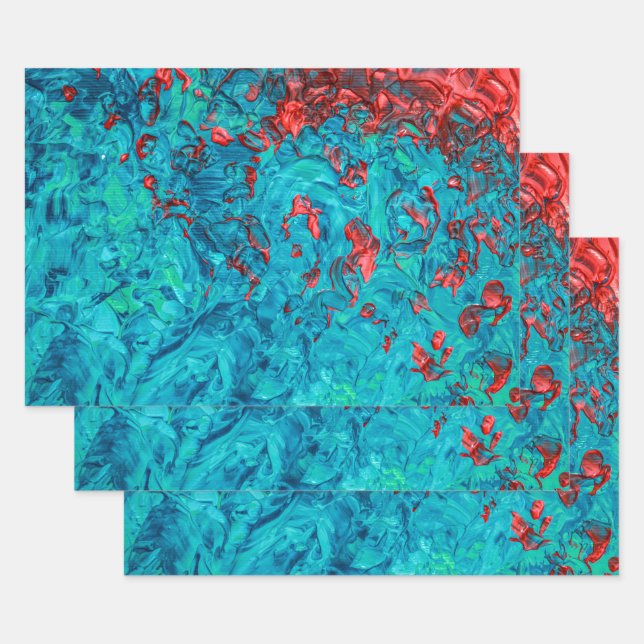 Artsy Neon Orange Teal Green Acrylic Painting Wrapping Paper Sheets (Set)