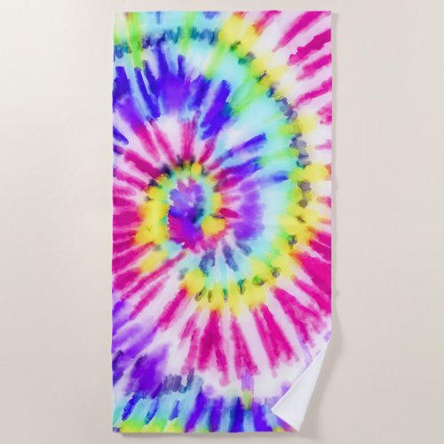Artsy Neon Rainbow Tie Dye Watercolor Pattern Beach Towel