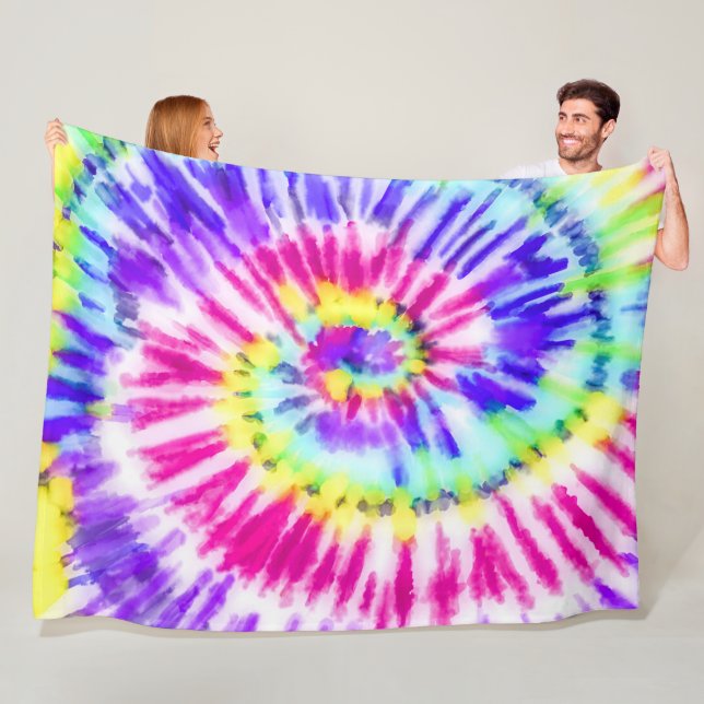 Artsy Neon Rainbow Tie Dye Watercolor Pattern Fleece Blanket (In Situ)
