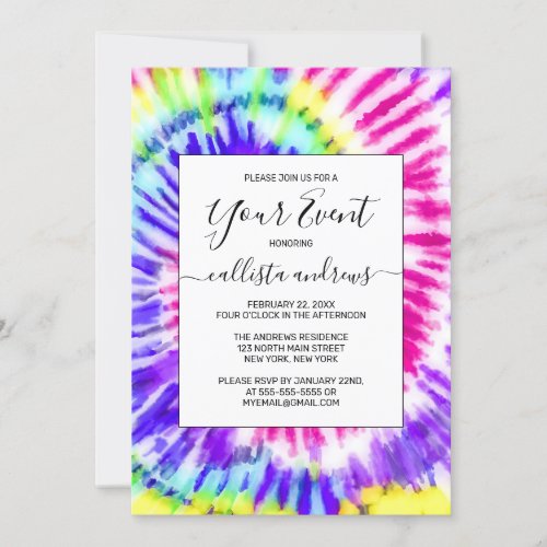 Artsy Neon Rainbow Tie Dye Watercolor Pattern Invitation