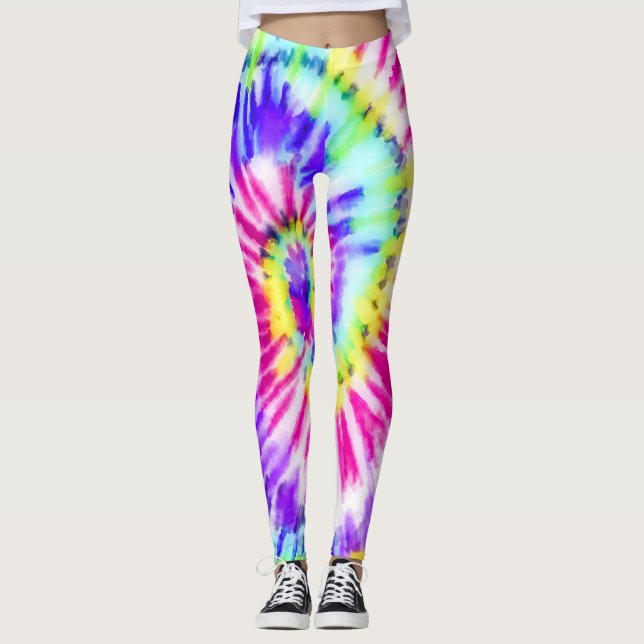 Artsy Neon Rainbow Tie Dye Watercolor Pattern Leggings (Front)