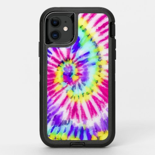 Artsy Neon Rainbow Tie Dye Watercolor Pattern OtterBox Defender iPhone 11 Case