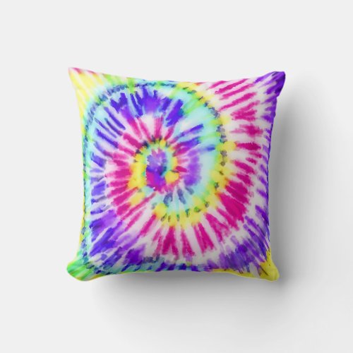 Artsy Neon Rainbow Tie Dye Watercolor Pattern Throw Pillow