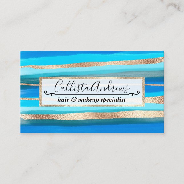Artsy Ocean Aqua Blue Gold Abstract Paint Stripes Business Card (Front)
