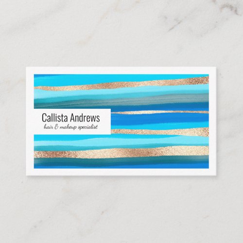 Artsy Ocean Aqua Blue Gold Abstract Paint Stripes Business Card