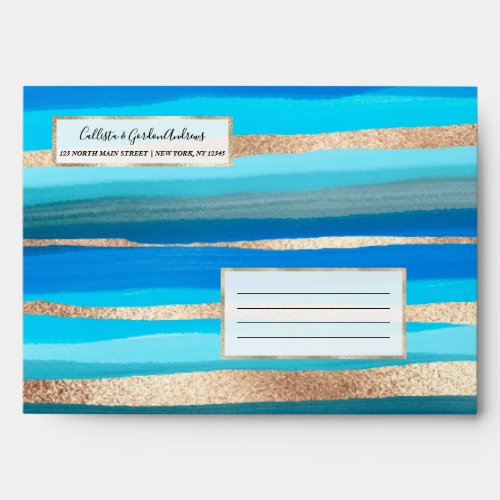 Artsy Ocean Aqua Blue Gold Abstract Paint Stripes Envelope