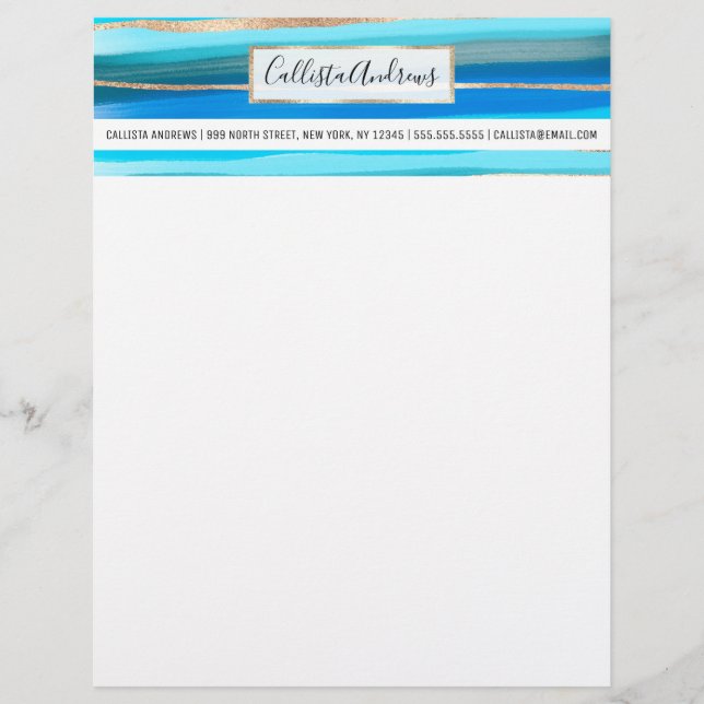 Artsy Ocean Aqua Blue Gold Abstract Paint Stripes Letterhead (Front)