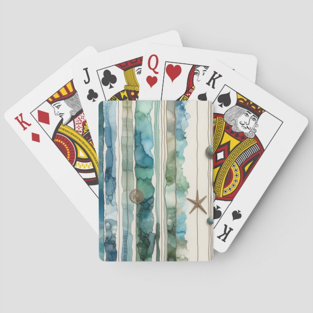 Artsy ocean scene inky stripes starfish poker cards (Back)