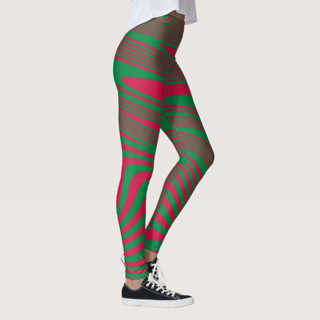 Artsy Op-Art Red Green Christmas Illusion Leggings (Right)