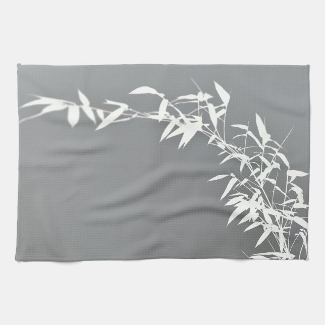Artsy Oriental Zen Bamboo Shrub Gray & White Kitchen Towel (Horizontal)