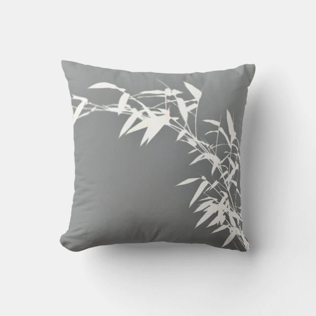 Artsy Oriental Zen Bamboo Shrub Gray & White Throw Pillow (Front)