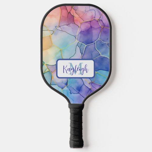 Artsy Pale Rainbow Alcohol and Ink Monogrammed Pickleball Paddle