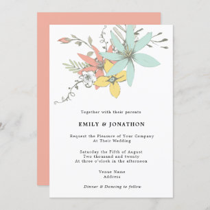 Artsy Pastel Floral Leaves Teal Coral Wedding Invitation