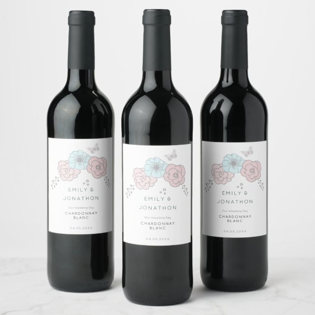 Artsy Pastel Florals Butterfly Names Wedding Wine Label (Bottles)