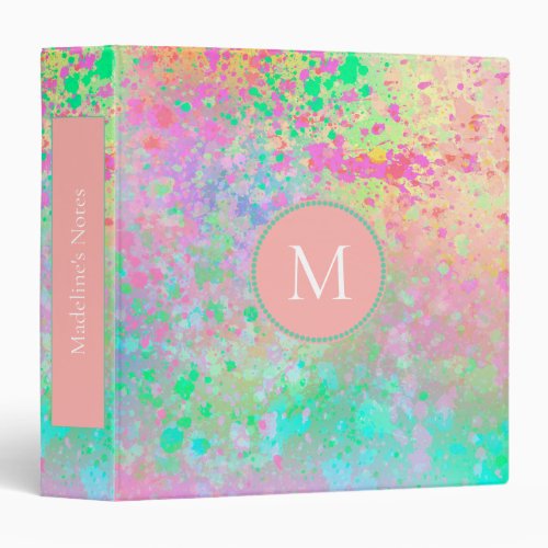 Artsy Pastel Paint Splatters Pink Green Monogram 3 Ring Binder