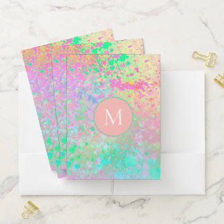 Artsy Pastel Paint Splatters Pink Teal Monogram Pocket Folder