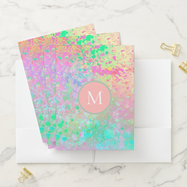 Artsy Pastel Paint Splatters Pink Teal Monogram Pocket Folder (In Situ)