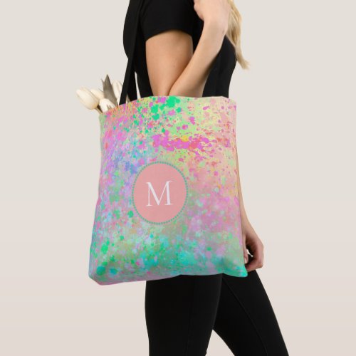 Artsy Pastel Paint Splatters Pink Teal Monogram Tote Bag