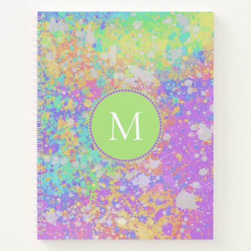 Artsy Pastel Paint Splatters Purple Green Monogram Notebook