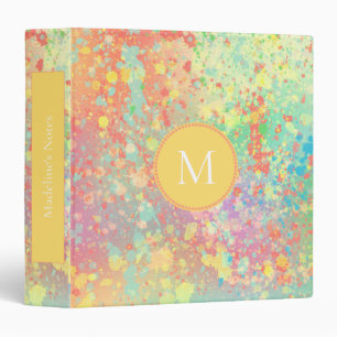 Artsy Pastel Paint Splatters Yellow Coral Monogram 3 Ring Binder