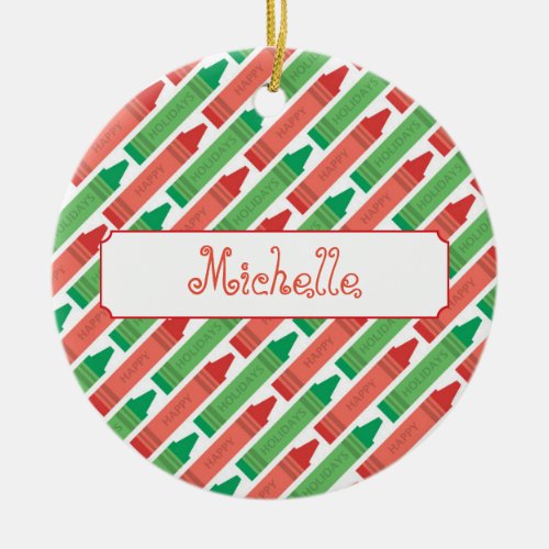 Artsy Personalized Red and Green Crayons Ceramic Ornament