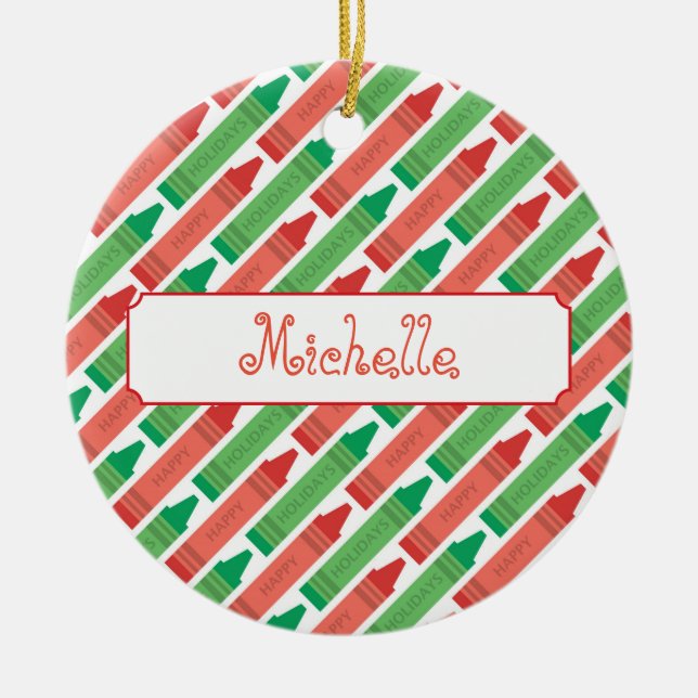 Artsy Personalized Red and Green Crayons Ceramic Ornament (Front)