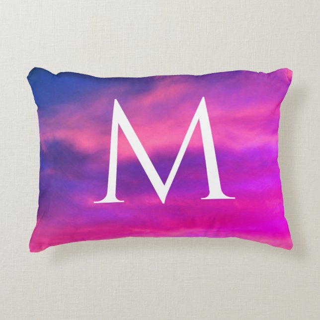 Artsy Pink Blue Clouds Abstract Sky Monogram Accent Pillow (Front)