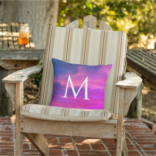 Artsy Pink Blue Clouds Abstract Sky Monogram Outdoor Pillow