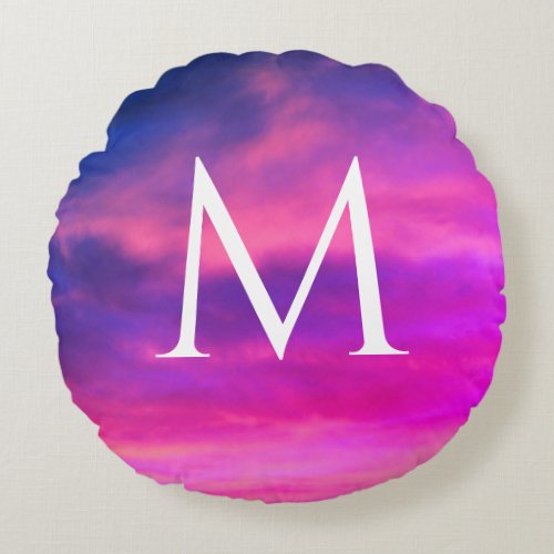 Artsy Pink Blue Clouds Abstract Sky Monogram Round Pillow