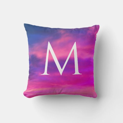 Artsy Pink Blue Clouds Abstract Sky Monogram Throw Pillow