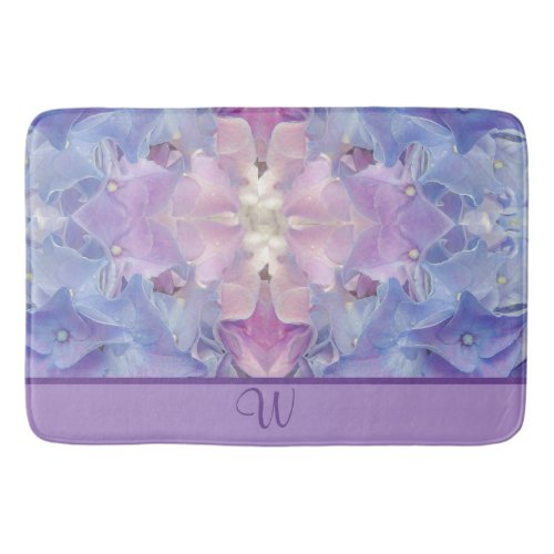 Artsy Pink Blue Floral Hydrangea Monogram Bath Mat