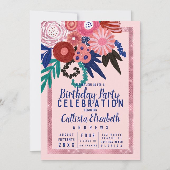 Artsy Pink Blue Glitter Floral Acrylic Birthday Invitation (Front)