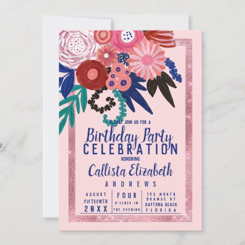 Artsy Pink Blue Glitter Floral Acrylic Birthday Invitation