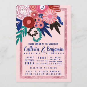 Artsy Pink Blue Red Glitter Floral Acrylic Wedding Invitation